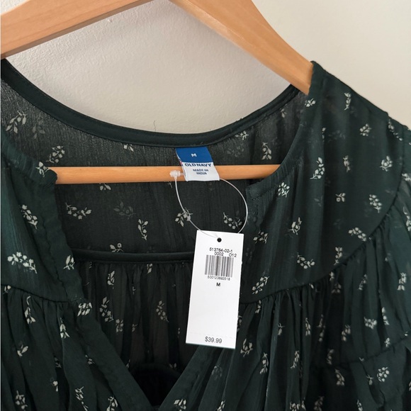 Old Navy Dark Green Floral Tie-Neck Blouse - Women Tops - Picture 2 of 5